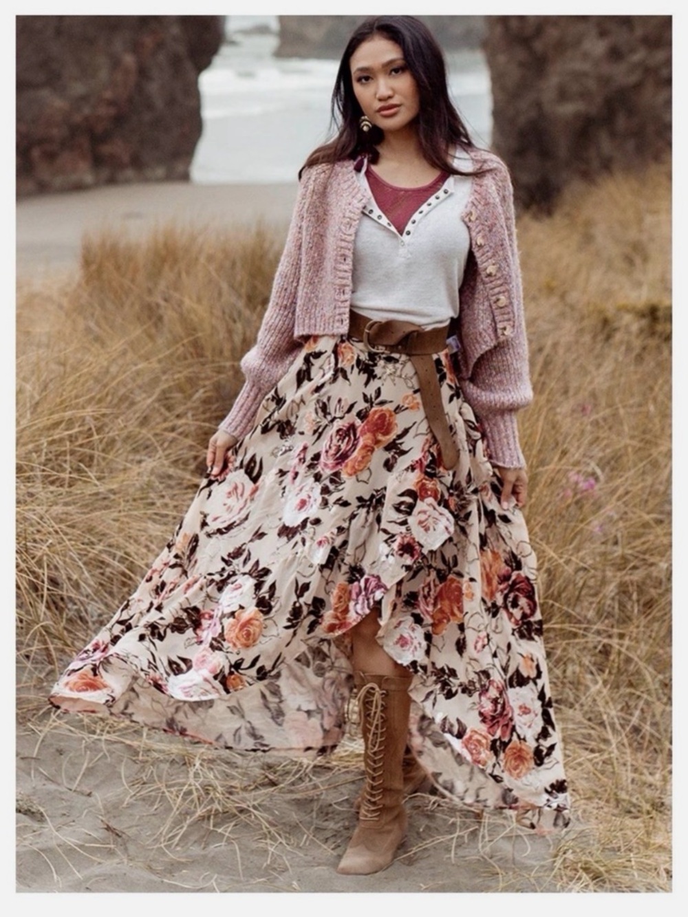 Joyfolie Floral Maxi Skirt in Cream Pink Burnt velvet XS festival coquette